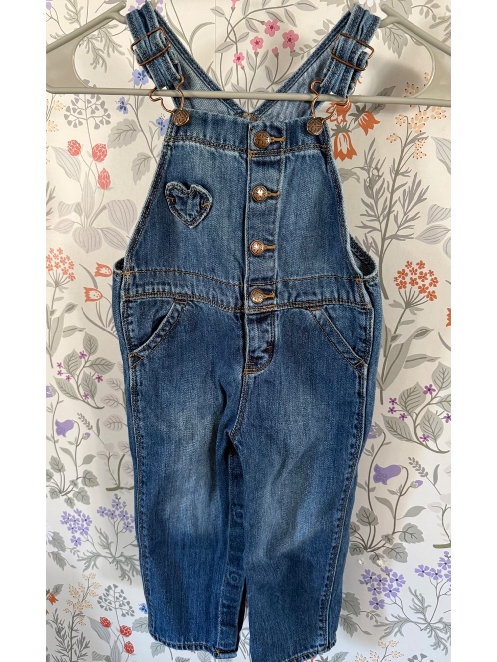 OshKosh B’gosh Girls Denim Overalls 24M Heart Pocket Blue Jean Vintage Style